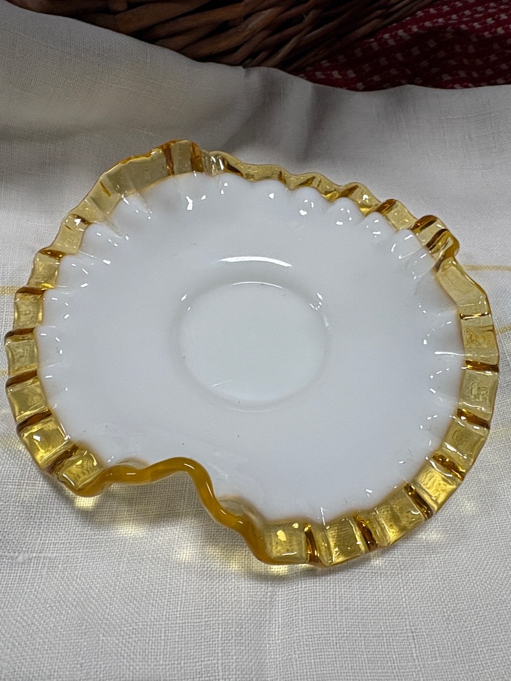 Vintage Fenton 6.5” Milk Glass GOLD CREST Ruffled Edge Bonbon Candy Dish